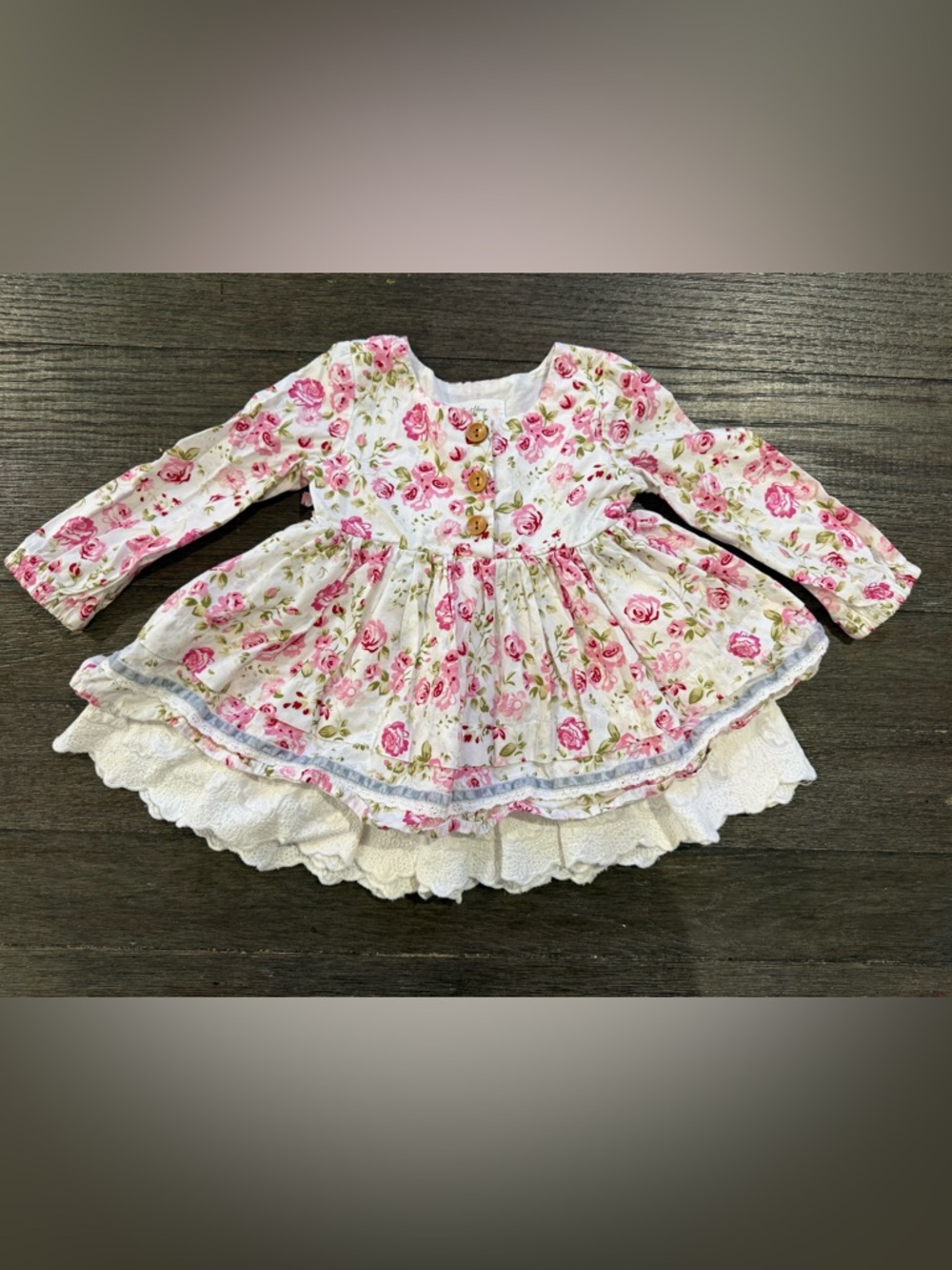 SweetHoney Pink Rose Print Dress with Wooden Buttons